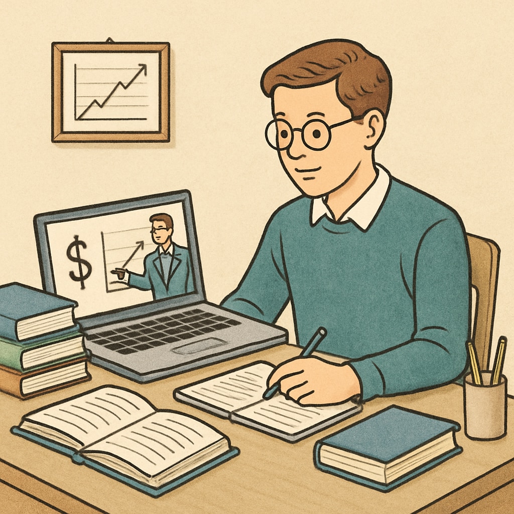 A financial student studying online using a laptop, symbolizing the rise of accessible online education. A financial student using a laptop for online education.