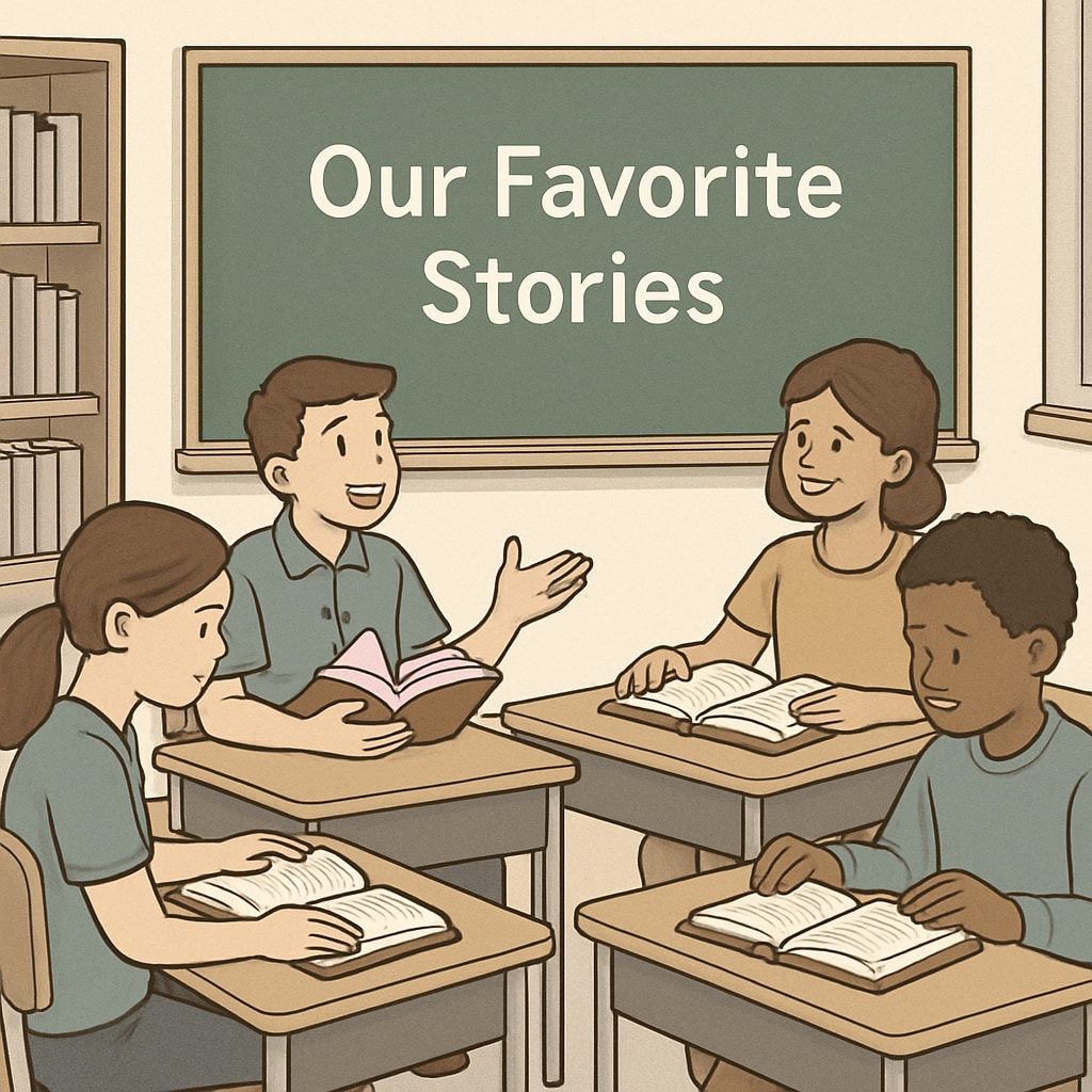 A classroom setting with students reading books and engaging in a group discussion about their favorite stories. Fourth-grade students reading and discussing books to enhance comprehension and interest.