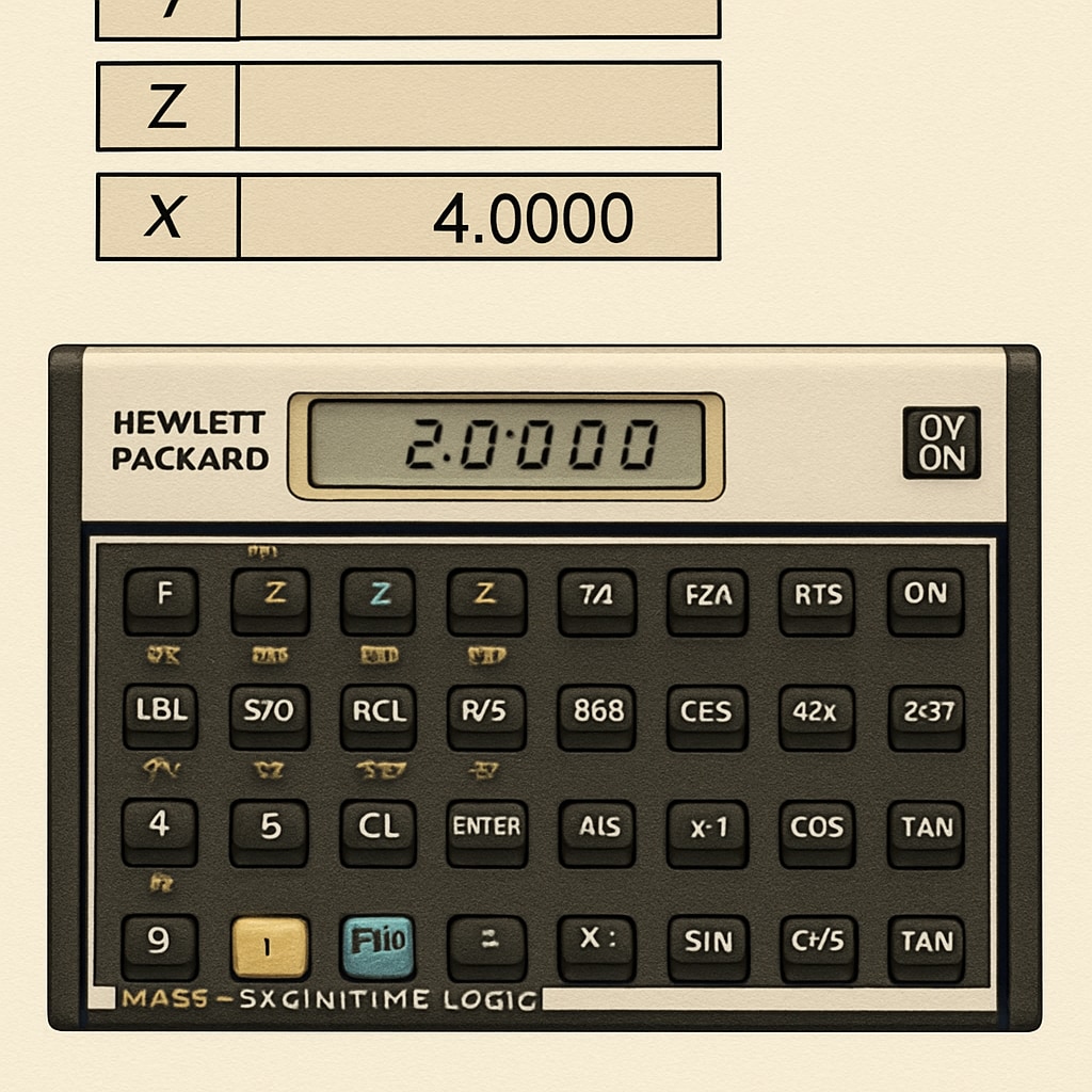 A close-up of the HP 11c calculator showcasing its unique RPN interface, emphasizing its stack-based logic and button layout. HP 11c calculator interface displaying stack logic for mathematical operations.