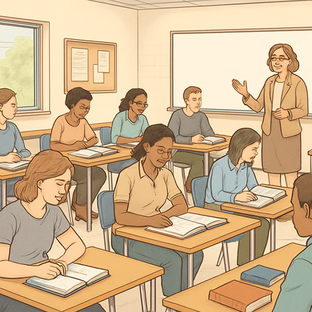 A local community college classroom setting where adult learners are engaged in coursework. Adult learners in a classroom setting, symbolizing educational advancement opportunities.