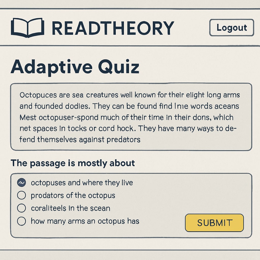 A screenshot of the ReadTheory homepage showcasing its adaptive quiz interface. The ReadTheory platform interface for reading comprehension quizzes.