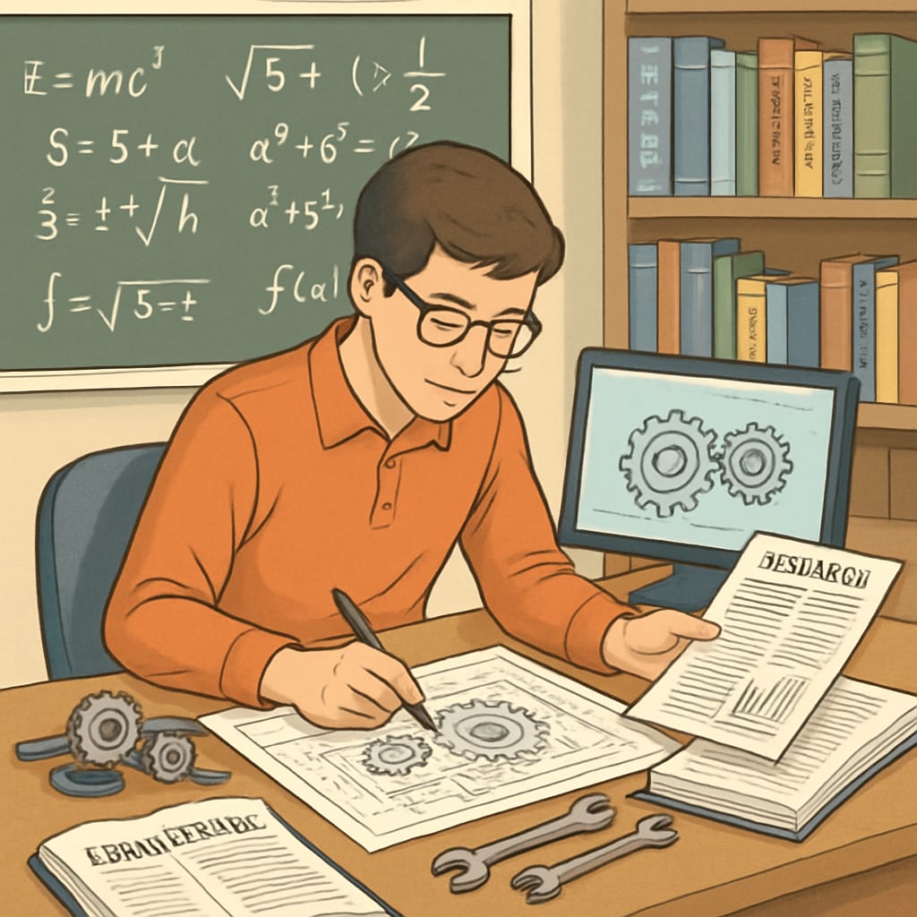 A student working on an engineering project while researching educational methodologies, symbolizing the balance between STEM and teaching. Student balancing engineering and education studies.