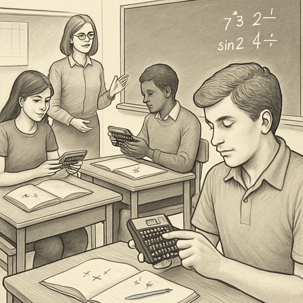 A classroom setting where students use RPN calculators like the HP 11c to solve mathematical problems, demonstrating engagement and critical thinking. Students actively using HP 11c calculators in a classroom for problem-solving tasks.