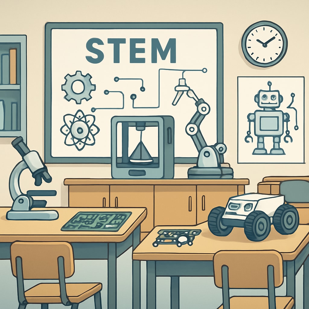 A classroom equipped with STEM-related tools, illustrating the intersection of engineering and education in practice. Classroom showcasing STEM and education integration.