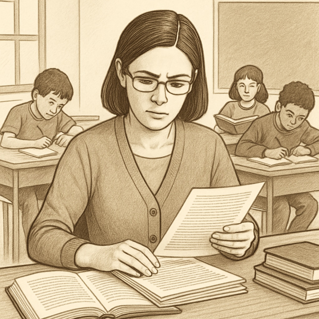 A teacher reviewing a stack of educational reading materials with students in the background, symbolizing text evaluation. Teacher reviewing reading materials for text complexity.