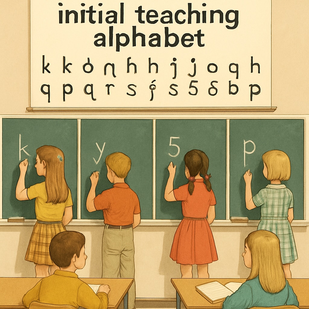 A classroom in the 70s with children practicing the Initial Teaching Alphabet on chalkboards, showcasing the unique 44-character alphabet. 70s classroom with children using the Initial Teaching Alphabet, a phonetic teaching method.