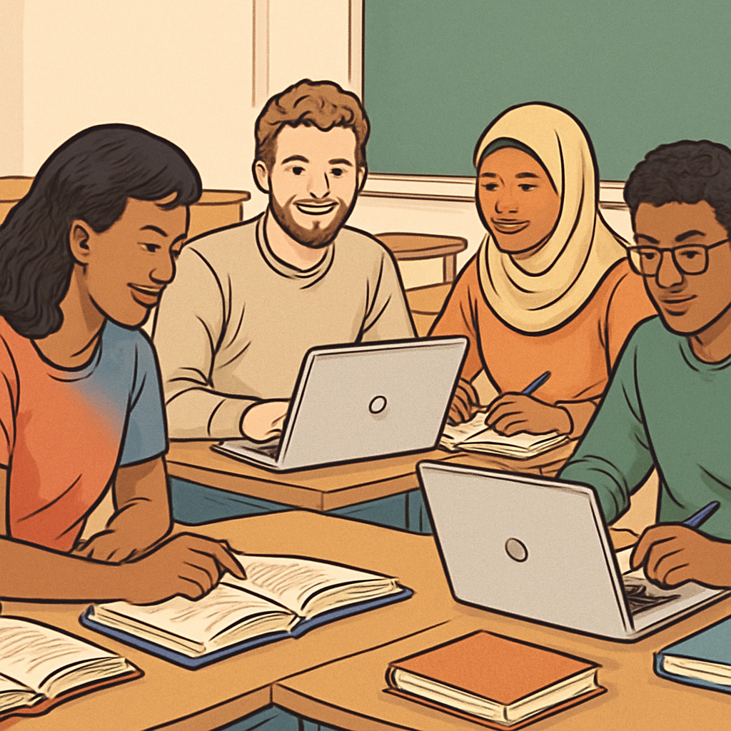 A diverse group of students studying together in a university setting, symbolizing affordable and inclusive education opportunities. Students studying in a university, representing affordable and inclusive education for AS-level students.