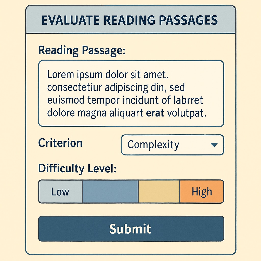 An online interface where teachers evaluate the complexity of reading passages, emphasizing ease of participation. Teachers evaluating text complexity on an online platform.