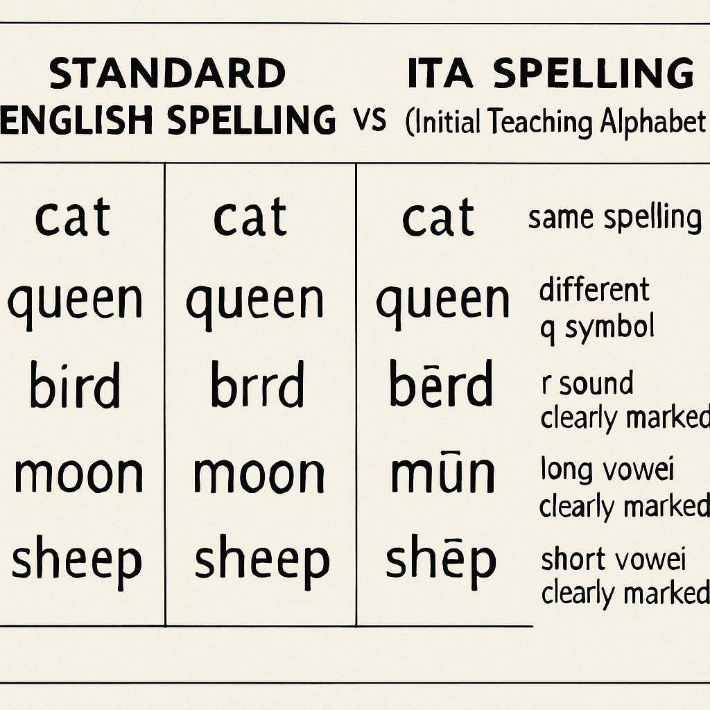 A comparison of standard English spelling and ITA spelling examples, highlighting the phonetic differences between the two systems. Comparison of Initial Teaching Alphabet and standard English spelling examples, illustrating phonetic contrasts.