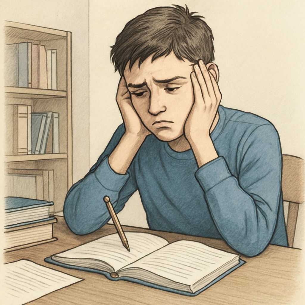 Middle school student facing difficulty with homework, representing loss of motivation.