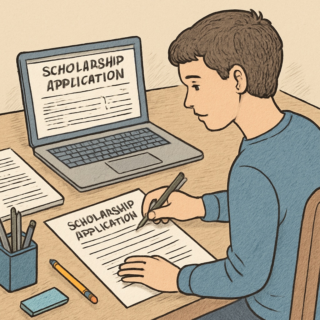 A student filling out scholarship forms on a laptop, representing the application process for financial aid. Scholarship application process for AS-level students seeking financial aid.