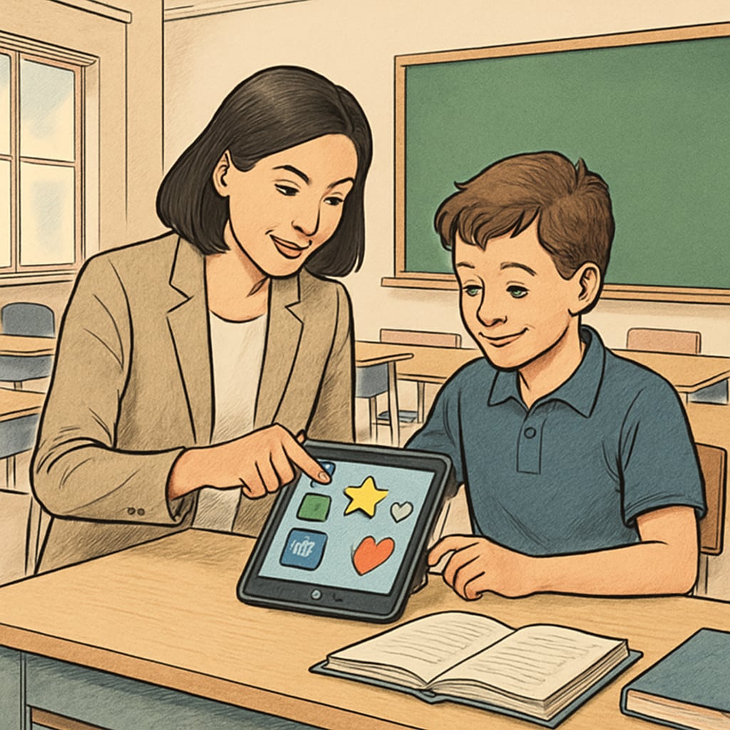 Teacher assisting middle school student with educational technology to enhance engagement.