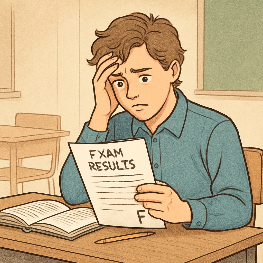 A worried student looking at exam results, symbolizing the stress associated with GCSE outcomes. Student stressed about GCSE results, reflecting academic concerns.