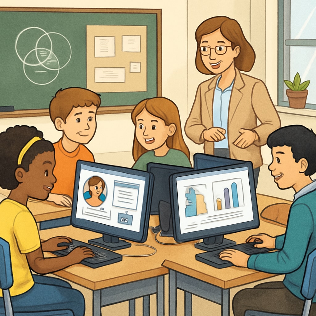 A group of students using computers in a classroom, emphasizing the importance of digital learning tools. Students using computers in a classroom, highlighting the role of internet access in K12 education.