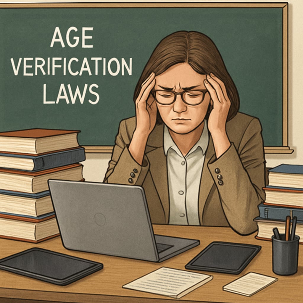 A frustrated teacher sitting at her desk, surrounded by books and technology, representing challenges in navigating age verification laws. A teacher facing difficulties with digital access due to internet regulations.