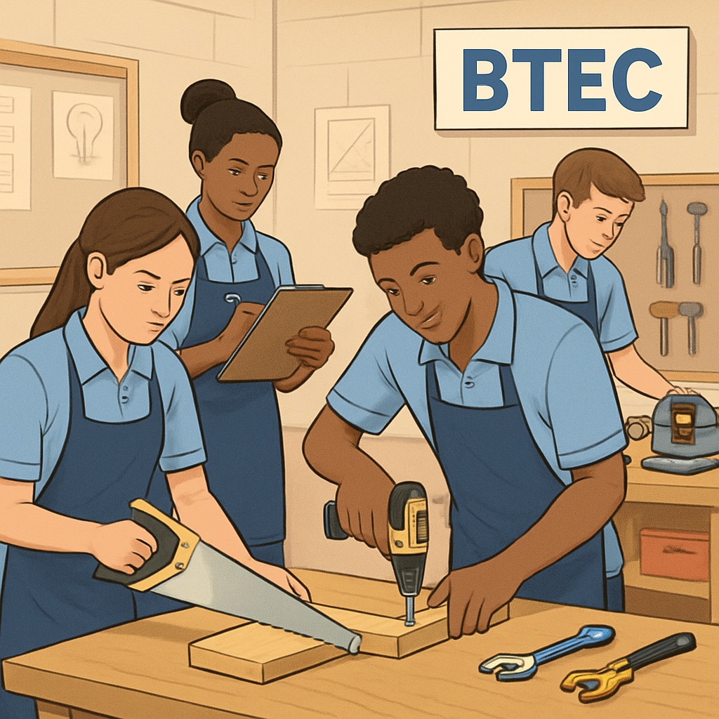 A group of students participating in a hands-on BTEC course, showcasing practical learning in action. Students engaged in a BTEC course, demonstrating alternative education paths.
