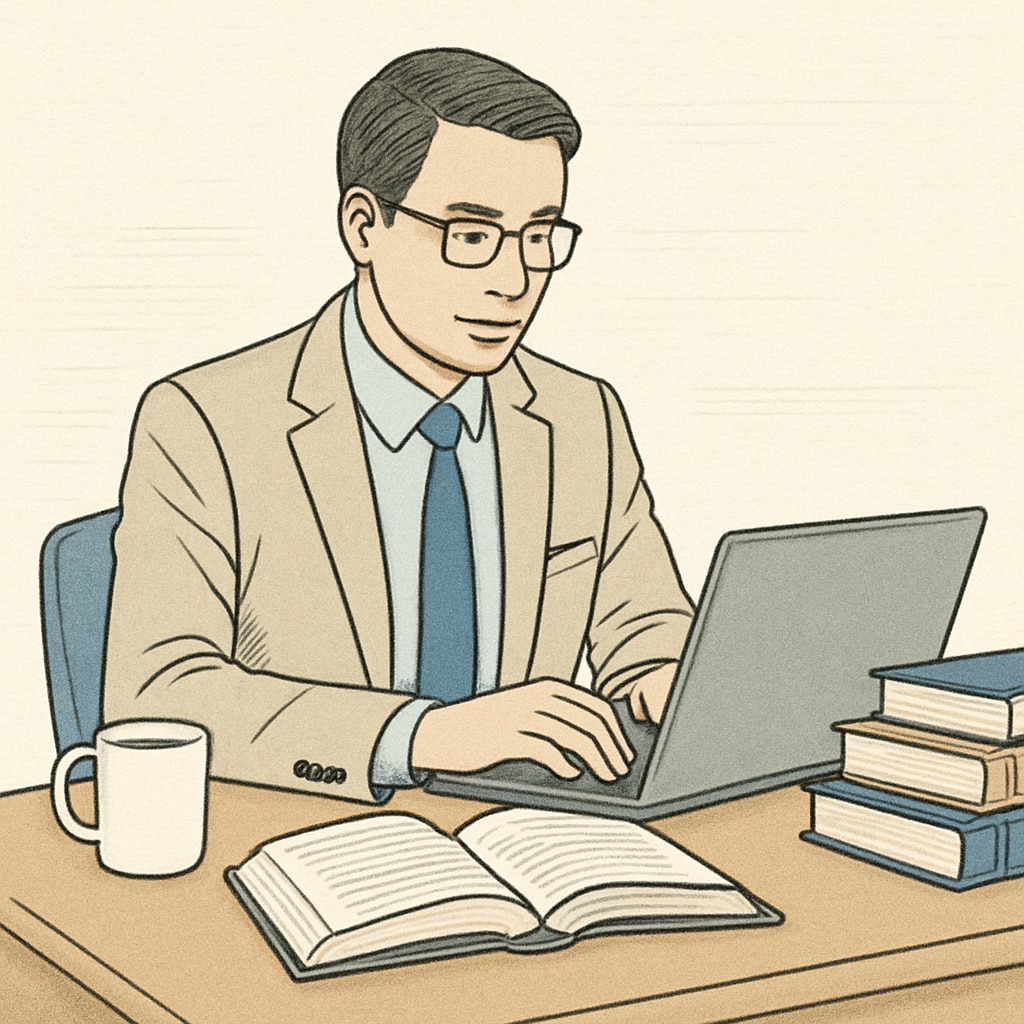 A professional working on a laptop while sitting at a desk with books and a cup of coffee, representing the balance of work and study. A professional balancing work and study with a laptop and books.