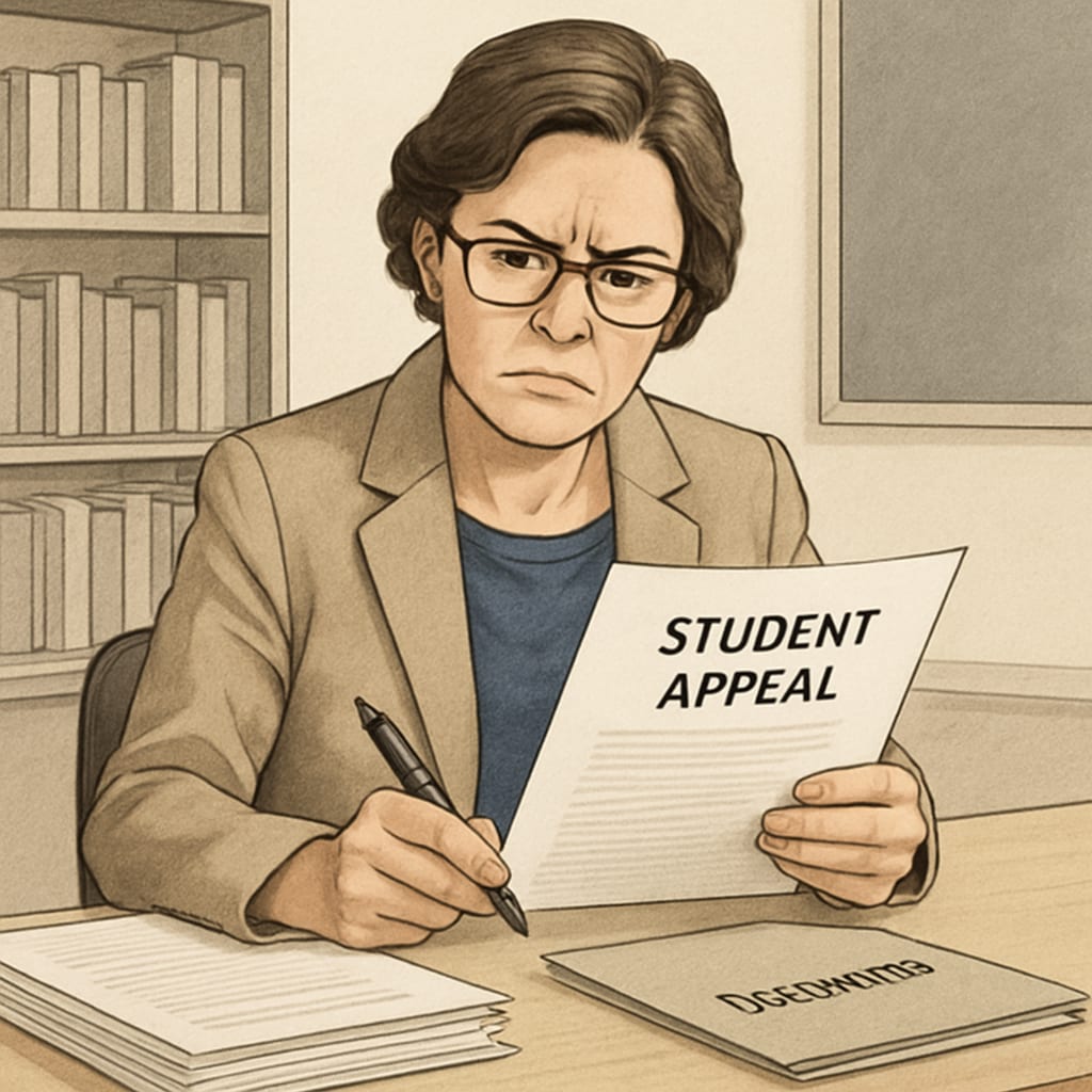 Institutional bias in academic appeals represented by skeptical teacher.