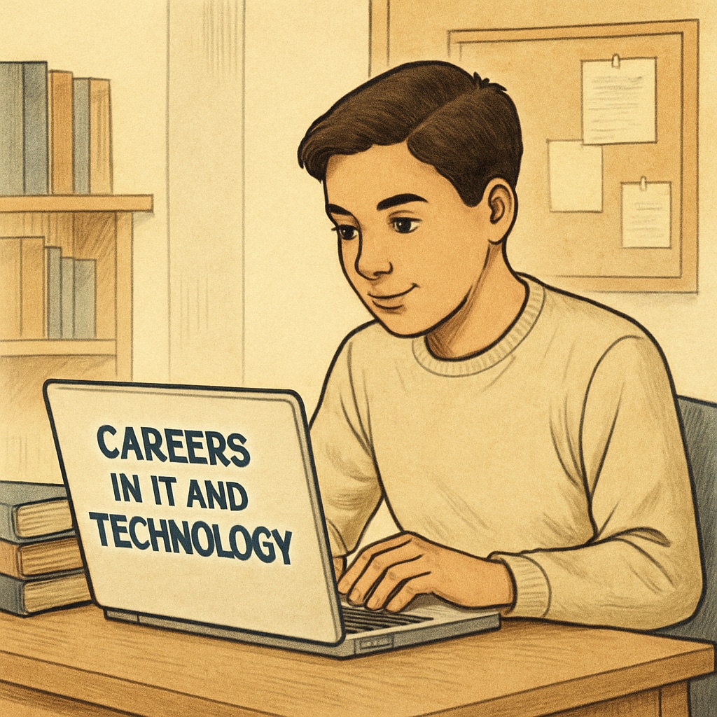A young university student browsing career options in IT and technology on a laptop. University student exploring IT and technology career options on a laptop.