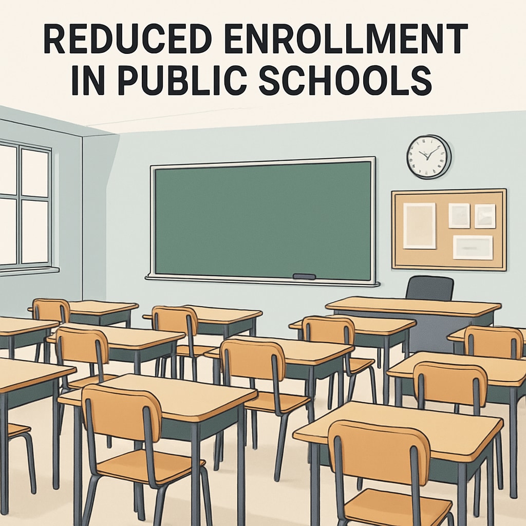 A classroom with empty desks, symbolizing the impact of reduced enrollment on public schools. Empty classroom desks showing the effects of enrollment decline in public schools.