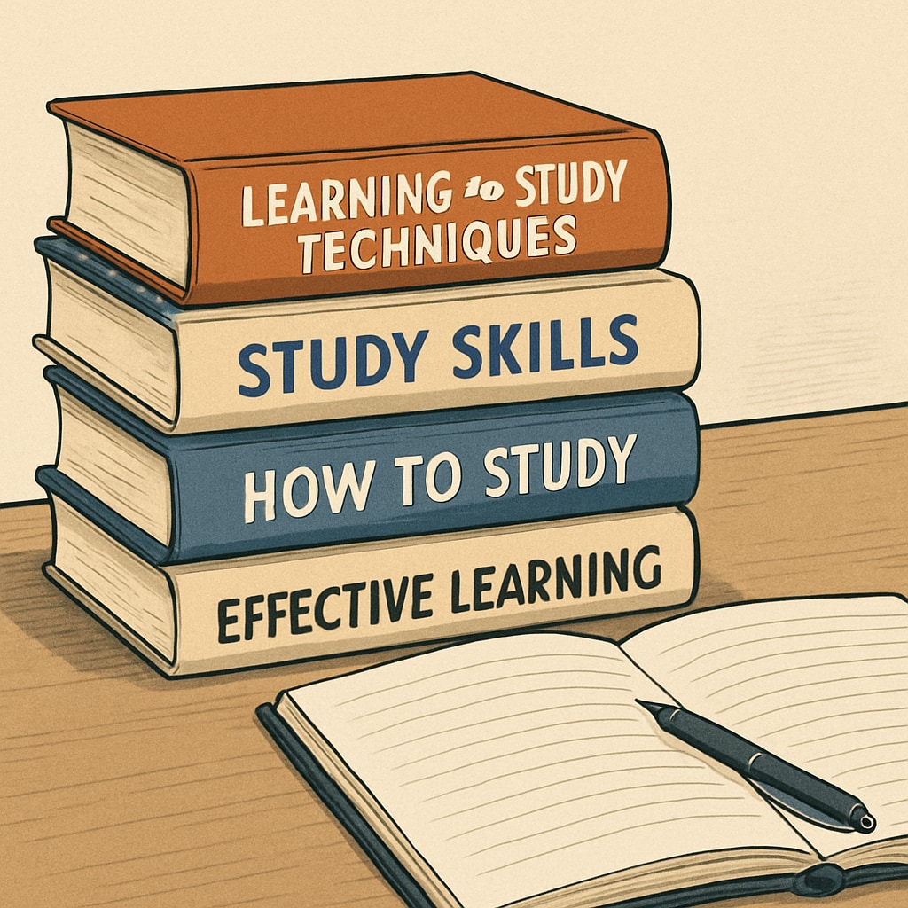 A stack of books related to learning and study techniques, placed on a desk with a notebook and pen. Books on learning methods and memory retention techniques for teens.
