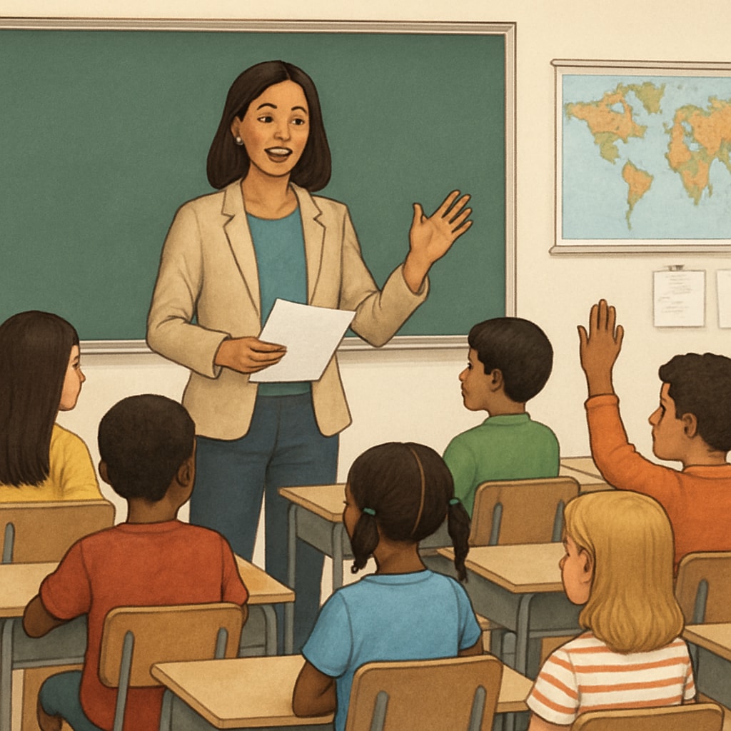 A teacher addressing a diverse classroom, representing public schools’ commitment to inclusive education. A teacher engaging with a diverse group of students in a public school setting.