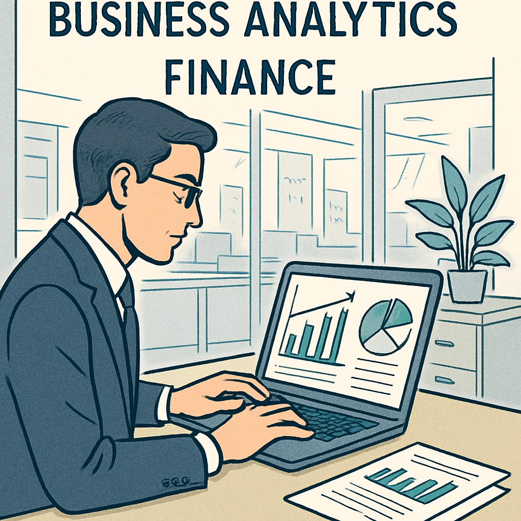 A professional analyzing financial data on a laptop in a modern office, symbolizing the application of Business Analytics and Finance in decision-making. Business Analytics and Finance application in professional decision-making
