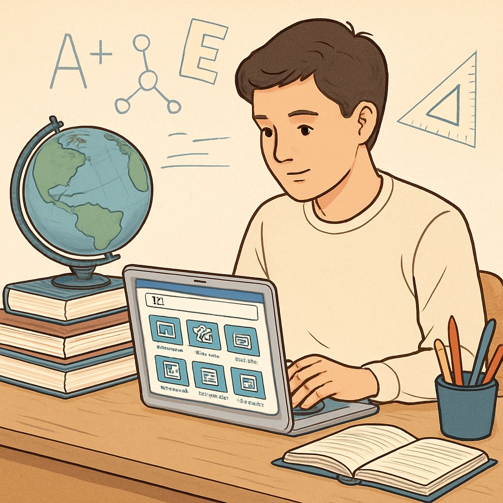 A high school student browsing online learning platforms on a laptop, illustrating the use of technology for education. High school student accessing online learning resources.