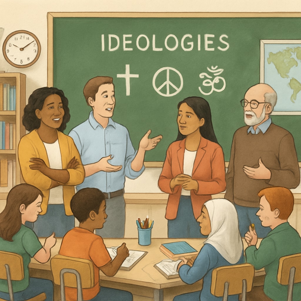 A classroom setting showcasing teachers discussing diverse ideologies and students engaging actively in learning. A classroom with teachers discussing diverse ideologies and students interacting actively.