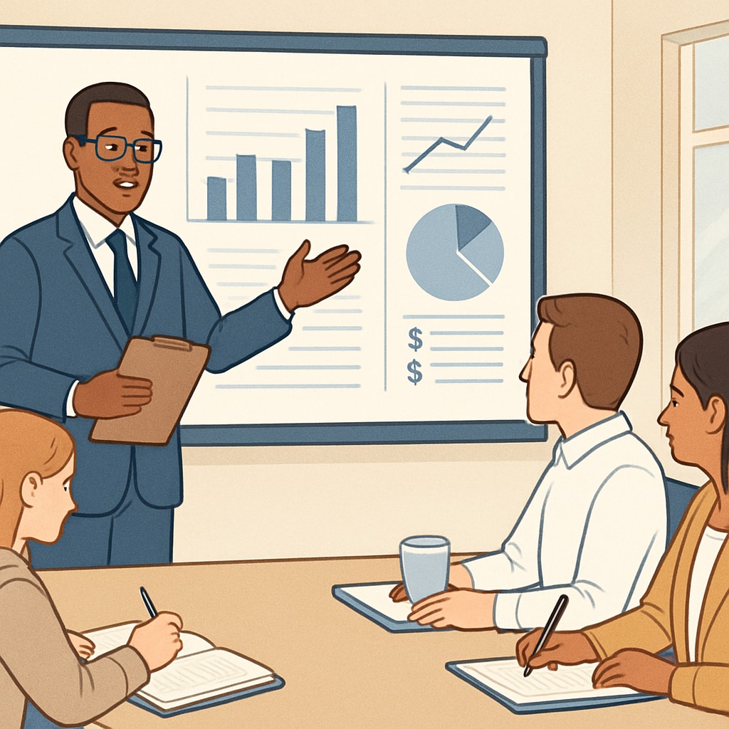 A school administrator presenting a data-driven strategy to a team in a conference room, showcasing the real-world impact of analytic and financial skills. School administrator showcasing analytics and finance strategies in education