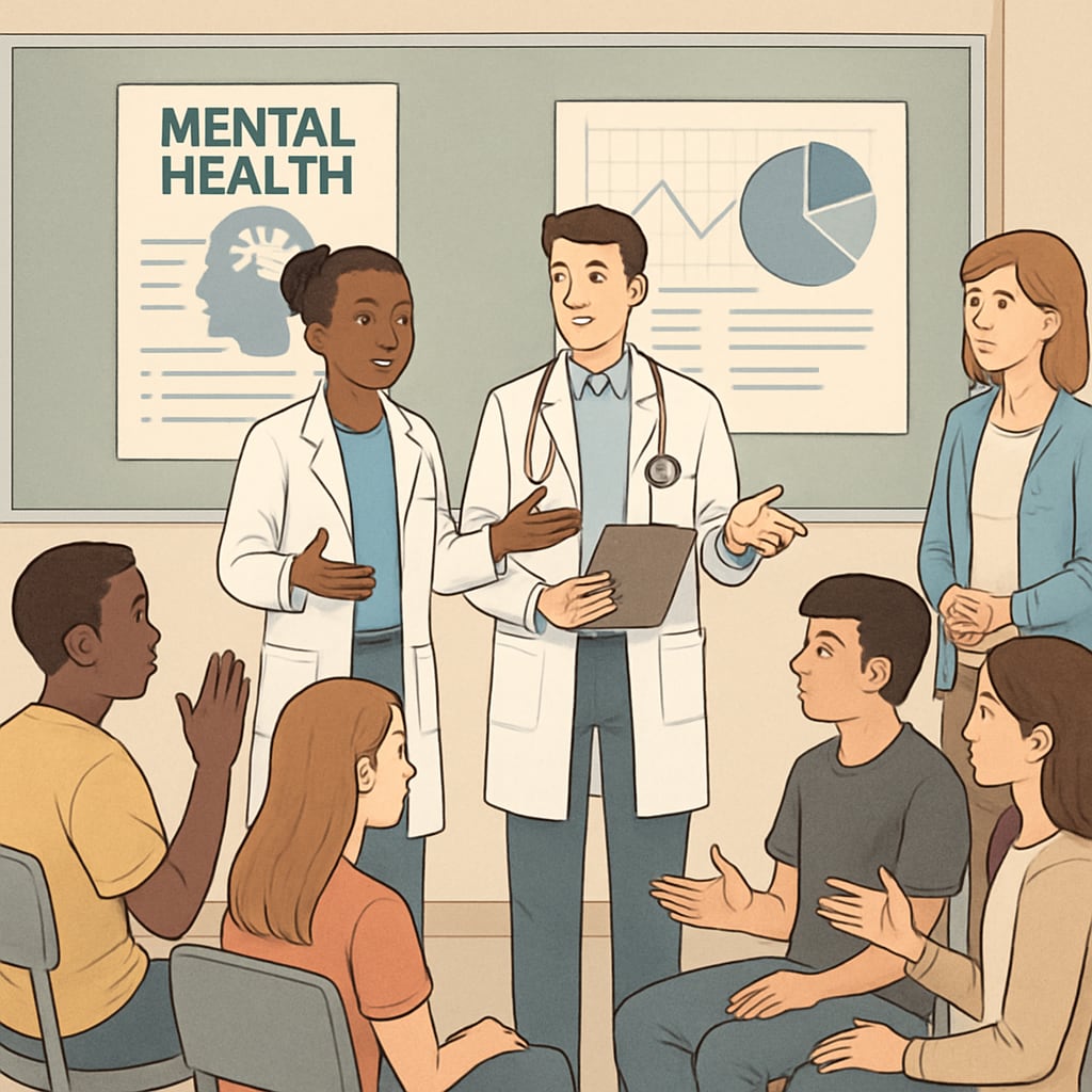 Medical students conducting a mental health workshop with high school students in an interactive group setting. Medical students leading a mental health workshop in a high school assembly.