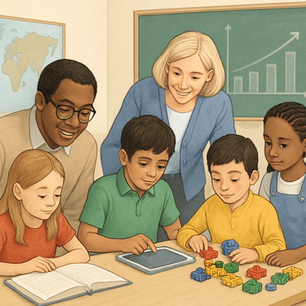 A diverse group of teachers and students collaborating in a classroom environment. A diverse group of teachers and students working together in a classroom.