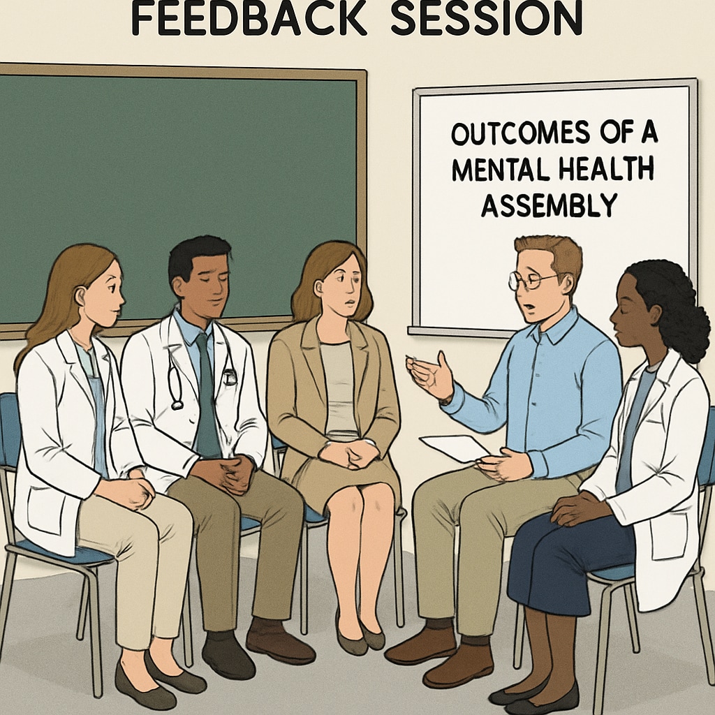 A feedback session with medical students and high school teachers discussing the outcomes of a mental health assembly. Medical students and educators evaluating the impact of a mental health assembly.