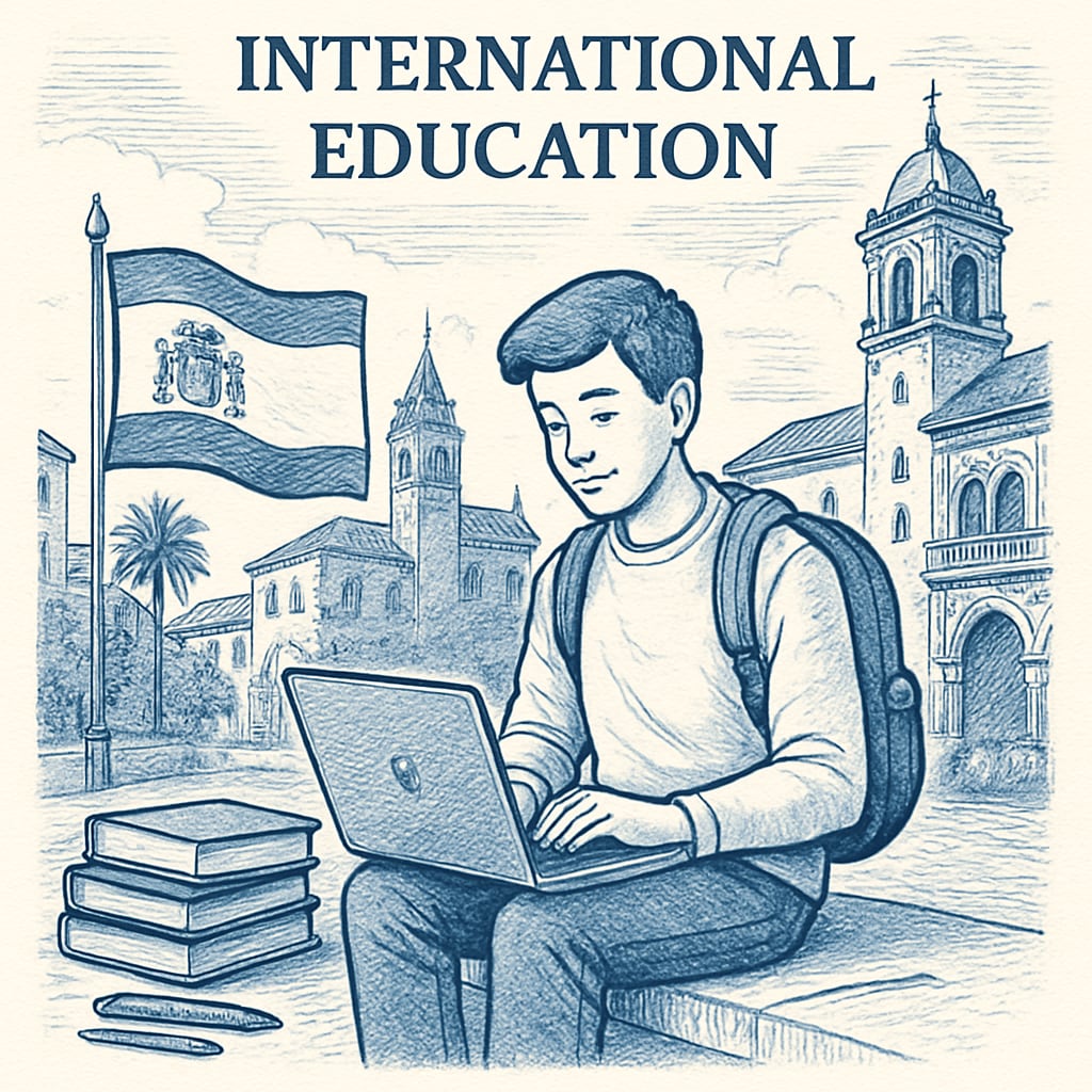 A student studying with a laptop in a Spanish cityscape, representing the experience of international education in Spain. A student studying abroad in Spain, symbolizing academic opportunities and cultural experiences in a scenic Spanish city.
