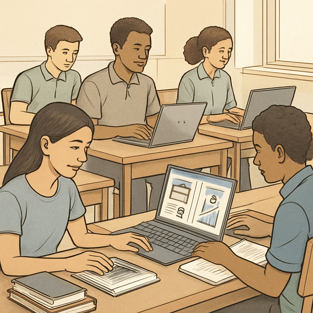 A professional image showing students working on laptops, researching business and finance courses online. Students researching affordable online bachelor's degree programs in business and finance.
