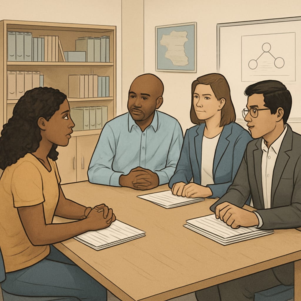A parent meeting with school administrators, illustrating the challenges of advocating for special needs education. Parents advocating for their child’s special education rights in a school setting.