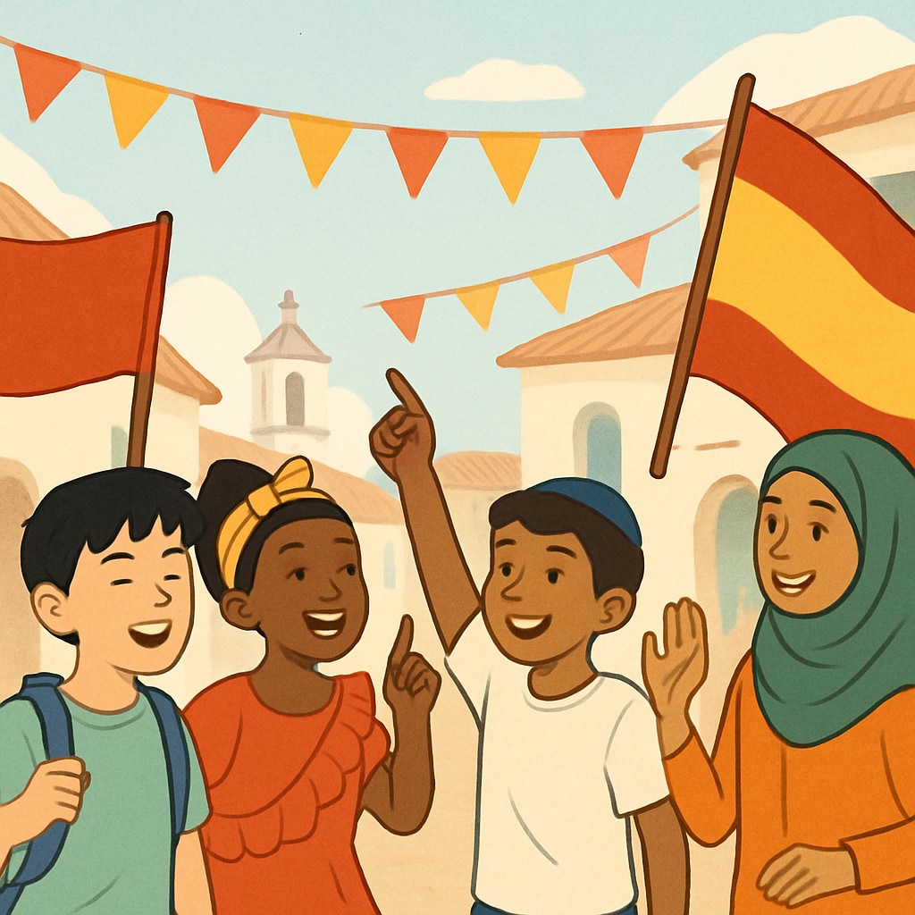 Students from diverse backgrounds celebrating a cultural festival in Spain, symbolizing cultural adaptation and inclusivity. Diverse students celebrating a cultural festival in Spain, showcasing integration and cultural exchange.