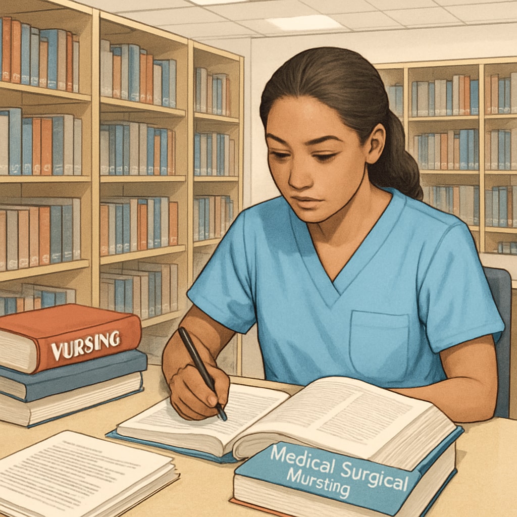 A student studying nursing textbooks in a community college library. Nursing major, college transfer, application preparation visualized with a student studying.