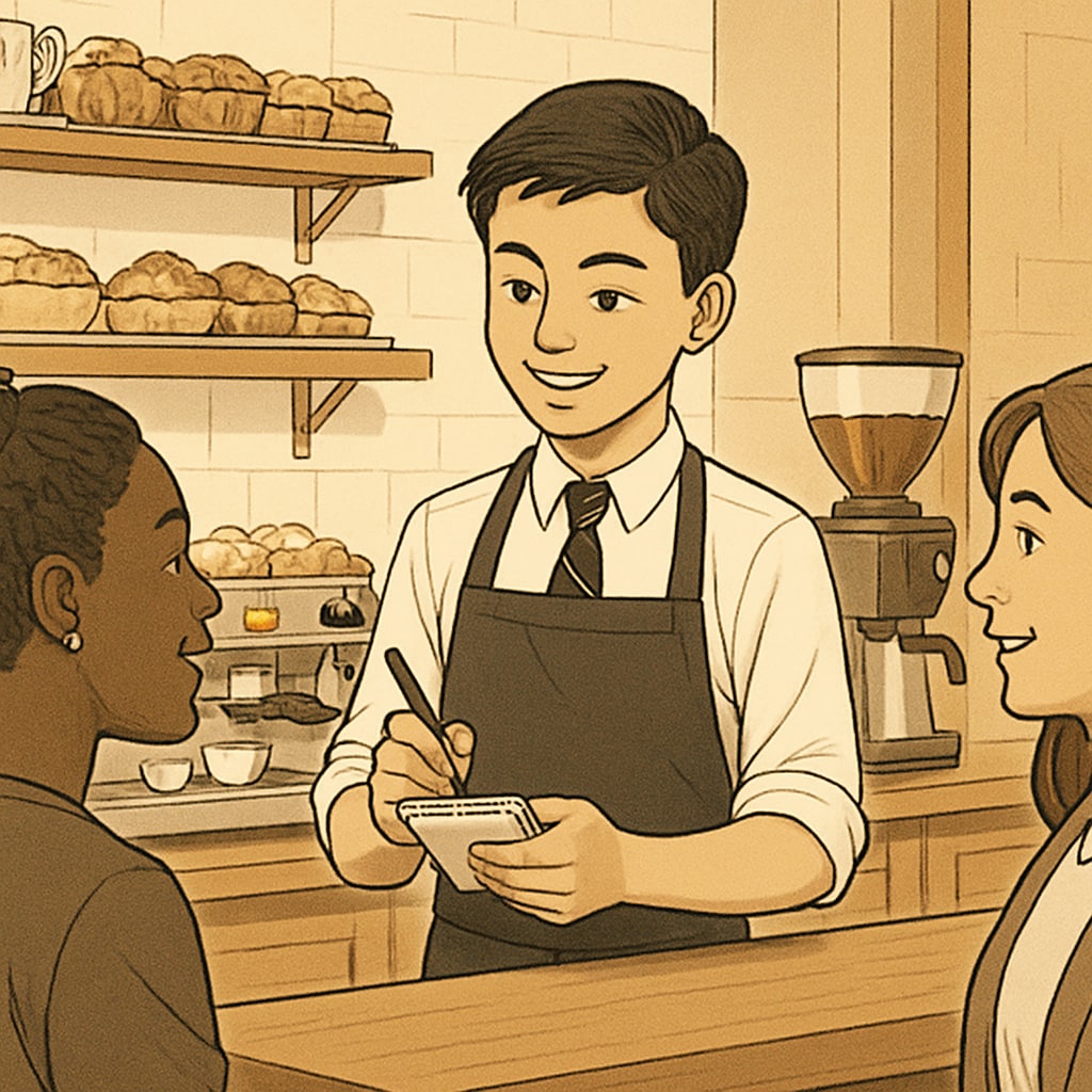 A high school student working part-time at a local café, managing orders and interacting with customers. High school student balancing part-time work and academic studies at a café.