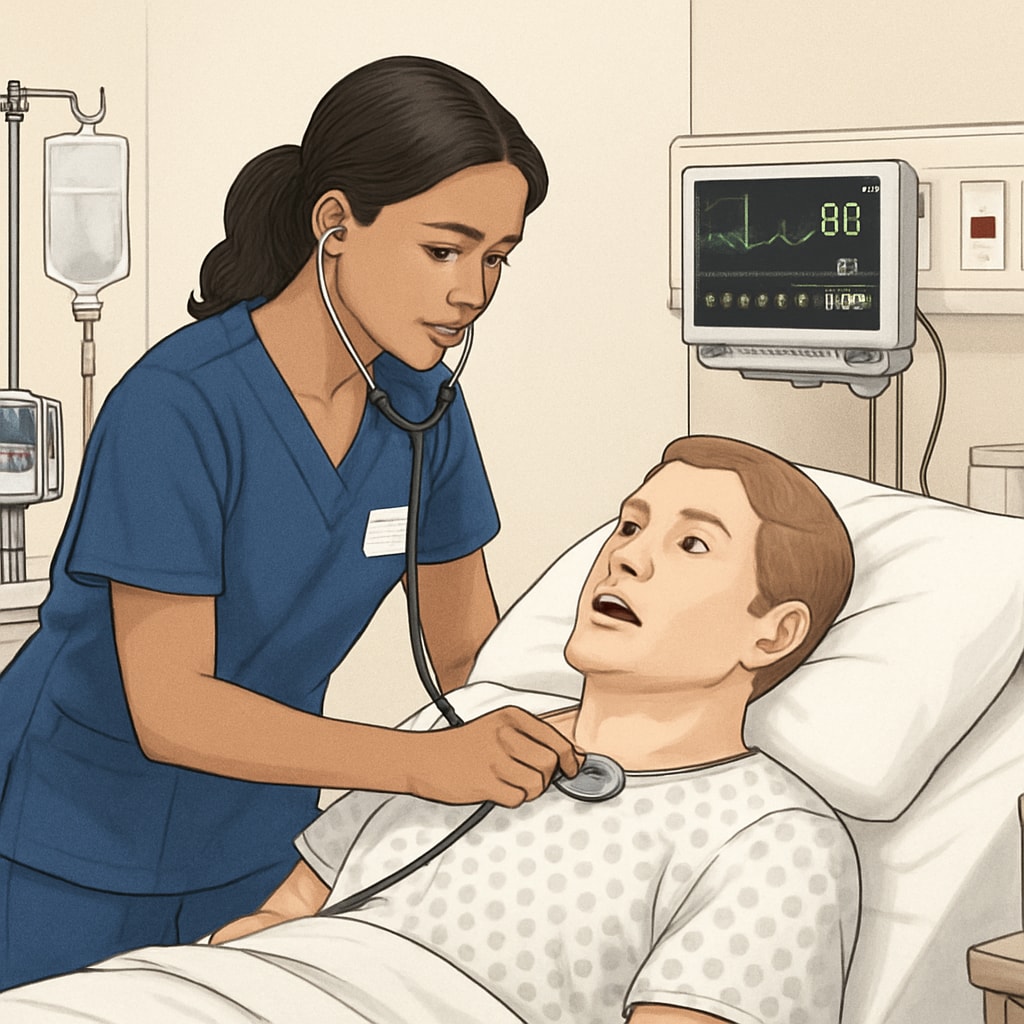 A nursing student working hands-on in a clinical simulation lab. Nursing major, college transfer, practical training in clinical simulation.