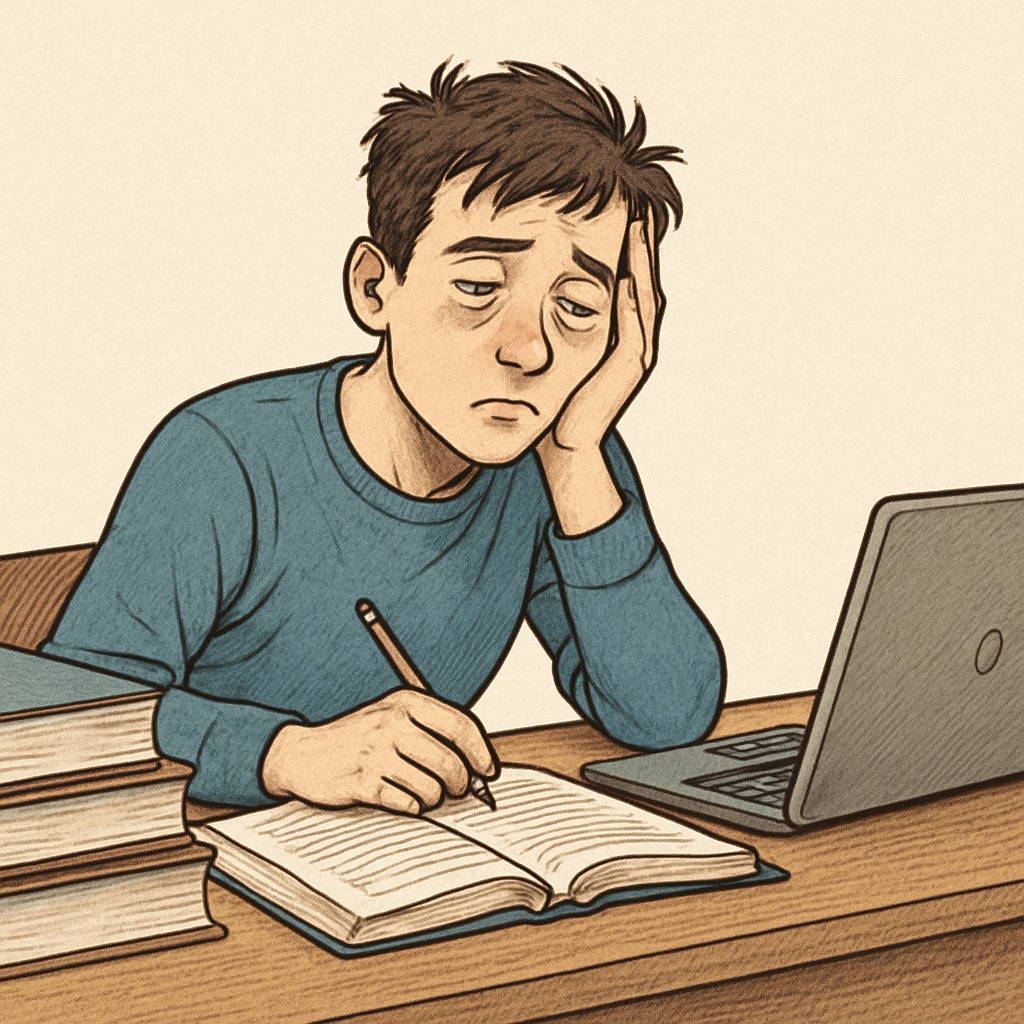 A student sitting at a desk with books and a laptop, appearing tired after a long day of school and work. High school student feeling fatigued from balancing work and academics.