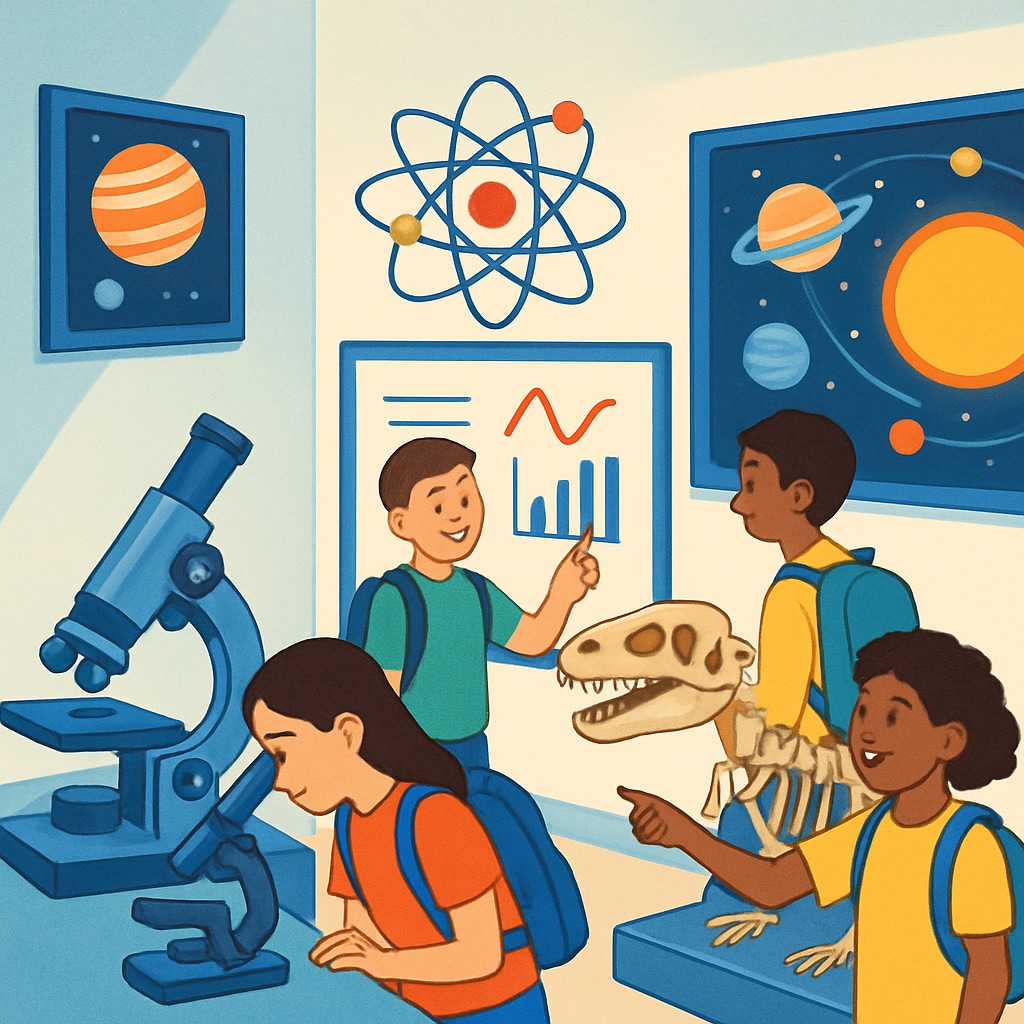 A vibrant short video thumbnail showing K12 students exploring a science museum, symbolizing educational travel opportunities. Short video thumbnail about K12 students at a science museum.