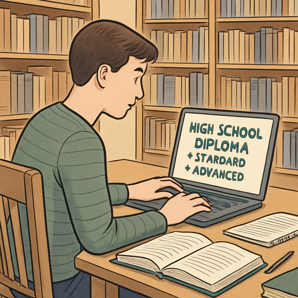A student reviewing high school diploma options on a laptop in a library setting, symbolizing the decision-making process for diploma conversion. Student exploring corrective and general diploma options online.