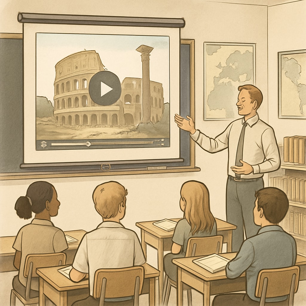 A teacher presenting a short video about a historical site to a classroom, illustrating the role of short videos in K12 education. Teacher showing a short video about a historical site to students.