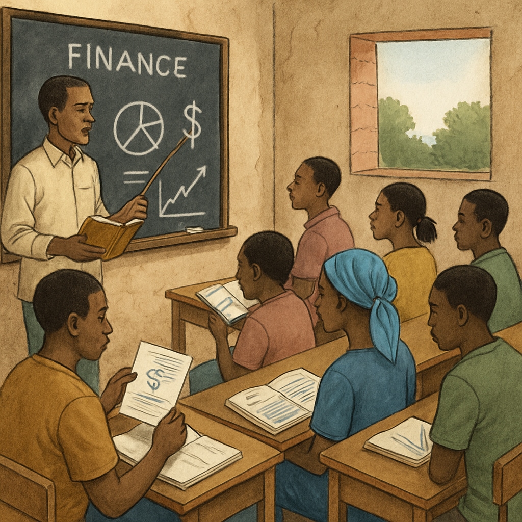 A classroom in Mali with students studying finance, representing the limited educational resources available. Students in Mali learning finance in a classroom, symbolizing educational challenges.