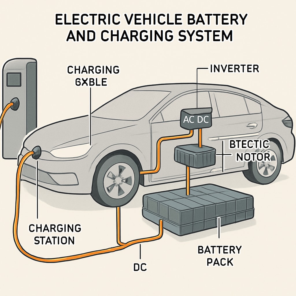 A modern electric vehicle's battery and charging system, showcasing the importance of electrical engineering. Electric vehicle battery and charging system, illustrating electrical learning's role in automotive careers.