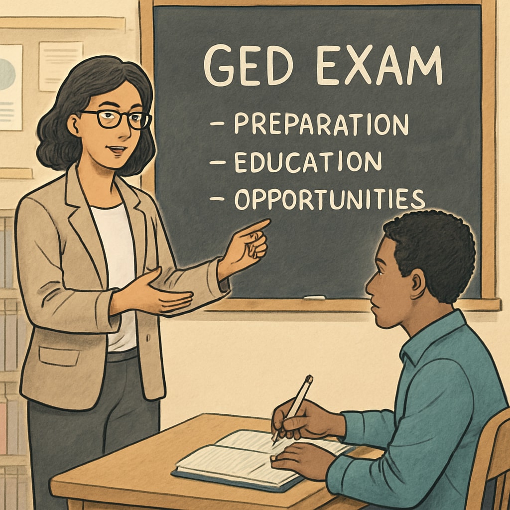 An instructor helping a student prepare for a GED exam in a classroom environment, emphasizing pathways to transition from corrective to general diplomas. Instructor assisting a student with GED preparation.