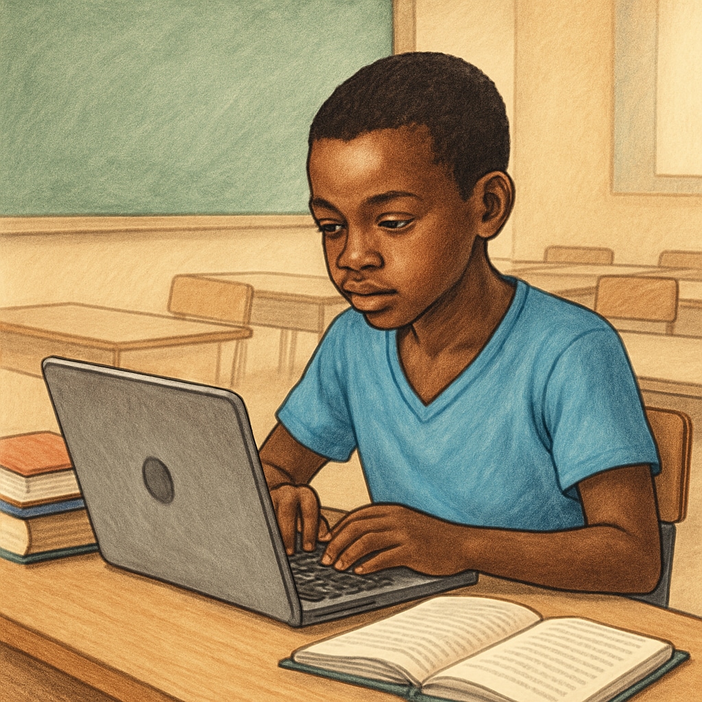 A young Malian student working on a laptop, symbolizing self-learning and online education. Malian student using a laptop for self-learning and online education.