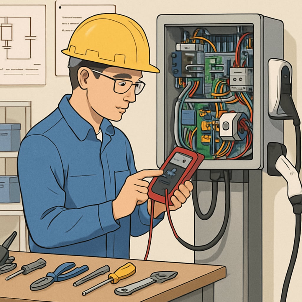 An engineer working on an EV charging station prototype, highlighting practical applications of electrical knowledge. Engineer developing an EV charging station prototype, emphasizing hands-on electrical expertise.