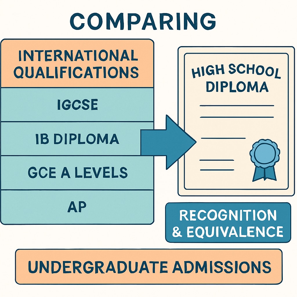 A chart comparing international qualifications like IGCSE to U.S. high school diplomas, emphasizing their recognition in undergraduate admissions. Chart comparing IGCSE and U.S. high school diplomas for data science admissions.
